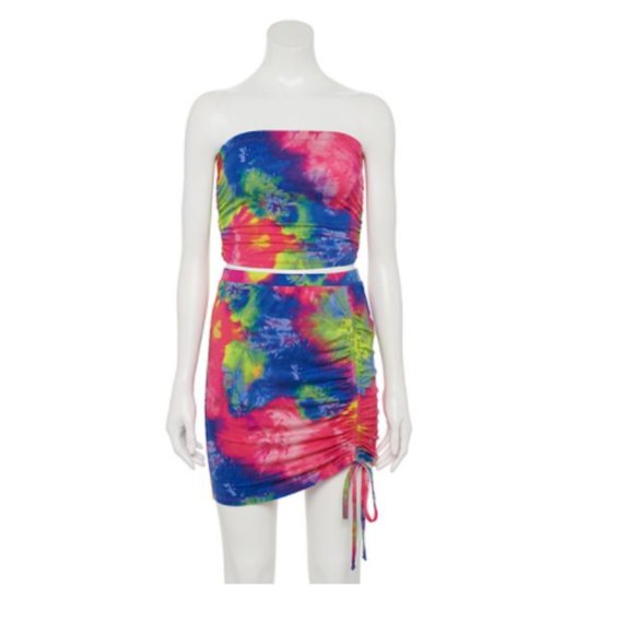 Juniors' Almost Famous Strapless Bandeau Top & Ruched Mini Skirt Set Outfit NEW - Picture 1 of 1